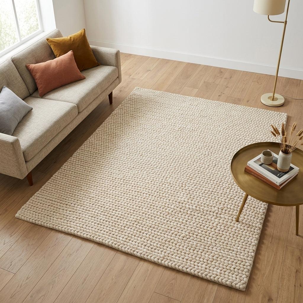 Chunky Wool Rug in ivory cream, with a thick, tightly woven textured surface and subtle braided rows.