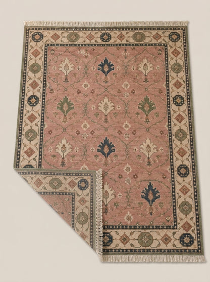 Blush Pink Palmette Hand Knotted Wool Rug, Floral Ogee Lattice Ivory Border