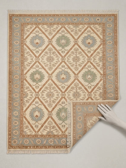 Ivory Garden Lattice Hand Knotted Wool Rug, Floral Powder Blue Border