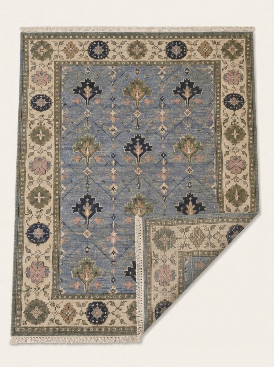 Cornflower Blue Geometric Hand Knotted Wool Rug, Tree Motif Ivory Sage Border