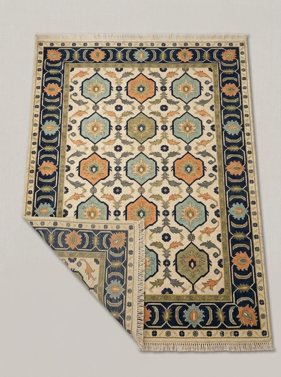 Ivory Navy Hexagon Medallion Hand Knotted Wool Rug, Aqua Orange Olive Geometric