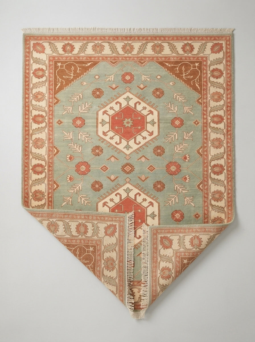 Sage Green Double Medallion Hand Knotted Wool Rug, Kazak Style Coral Ivory Border