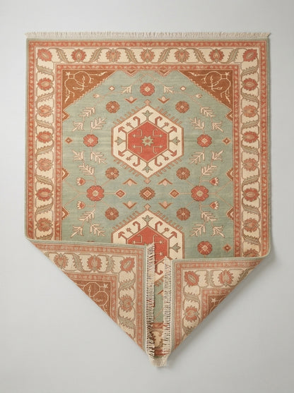 Sage Green Double Medallion Hand Knotted Wool Rug, Kazak Style Coral Ivory Border