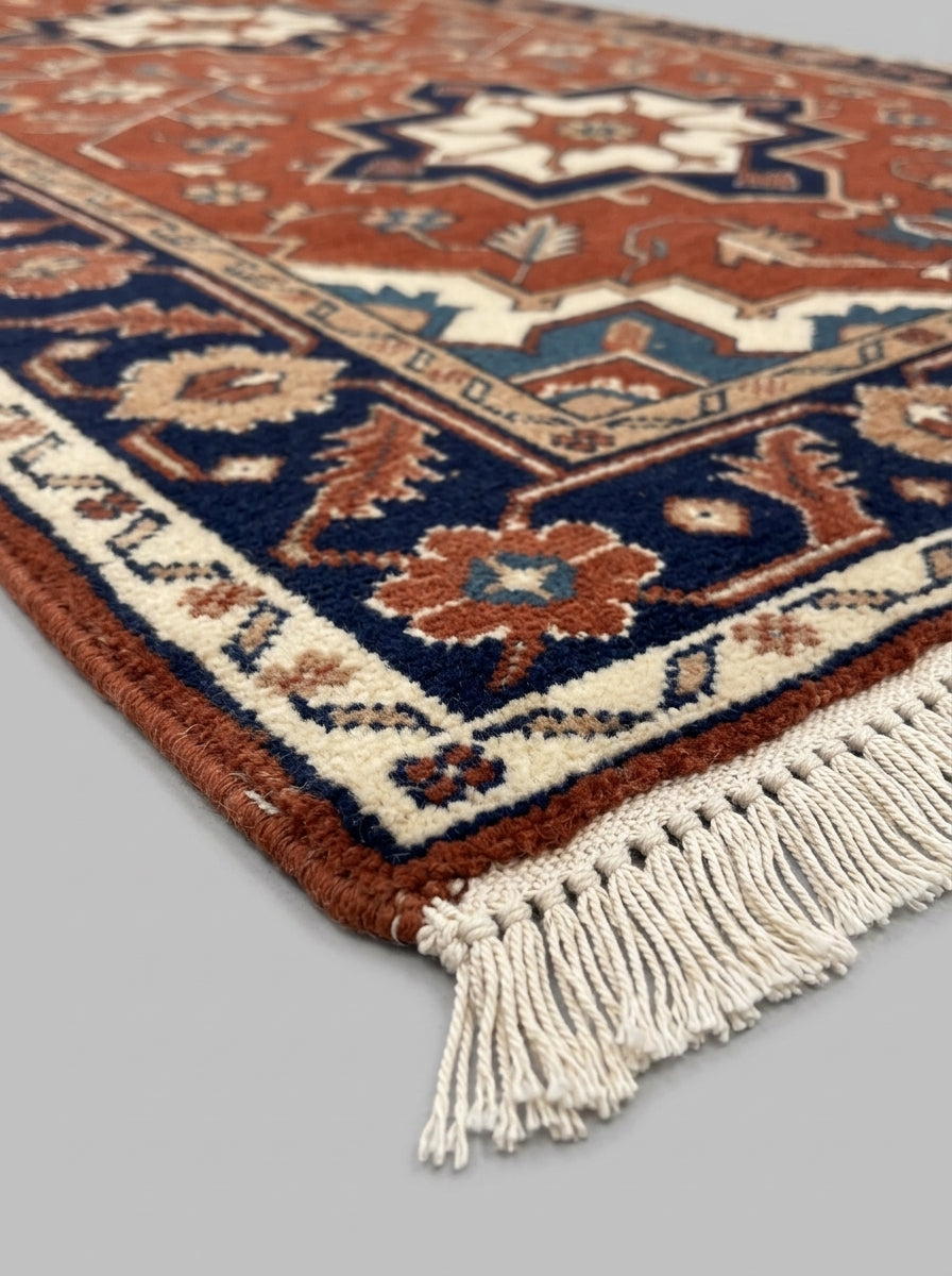 Runner rug, Hand Knotted Oushak Runner Rug in rust red wool with navy and ivory geometric floral motifs and cream fringe.