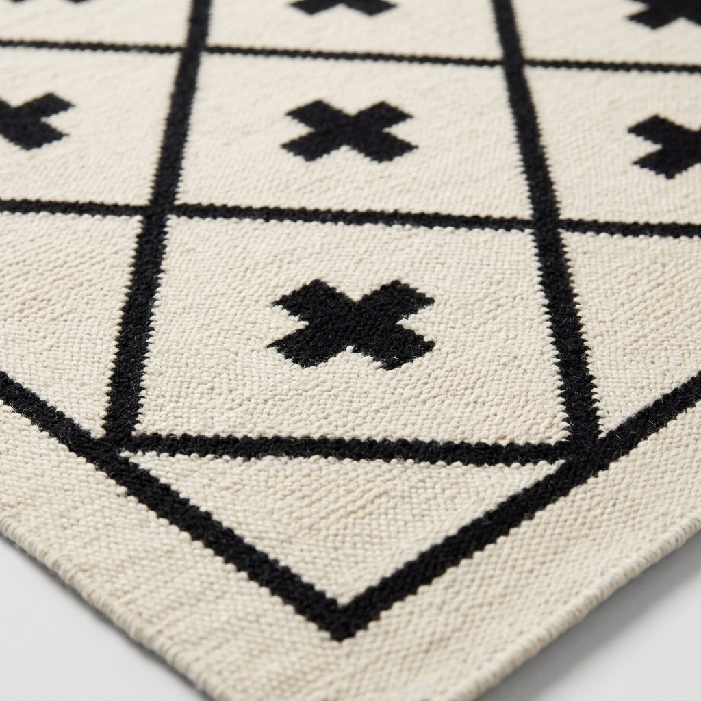 Southwestern Flatweave Wool Rug in ivory with black diamond lattice and bold Swiss cross motifs, woven texture and bordered edge.