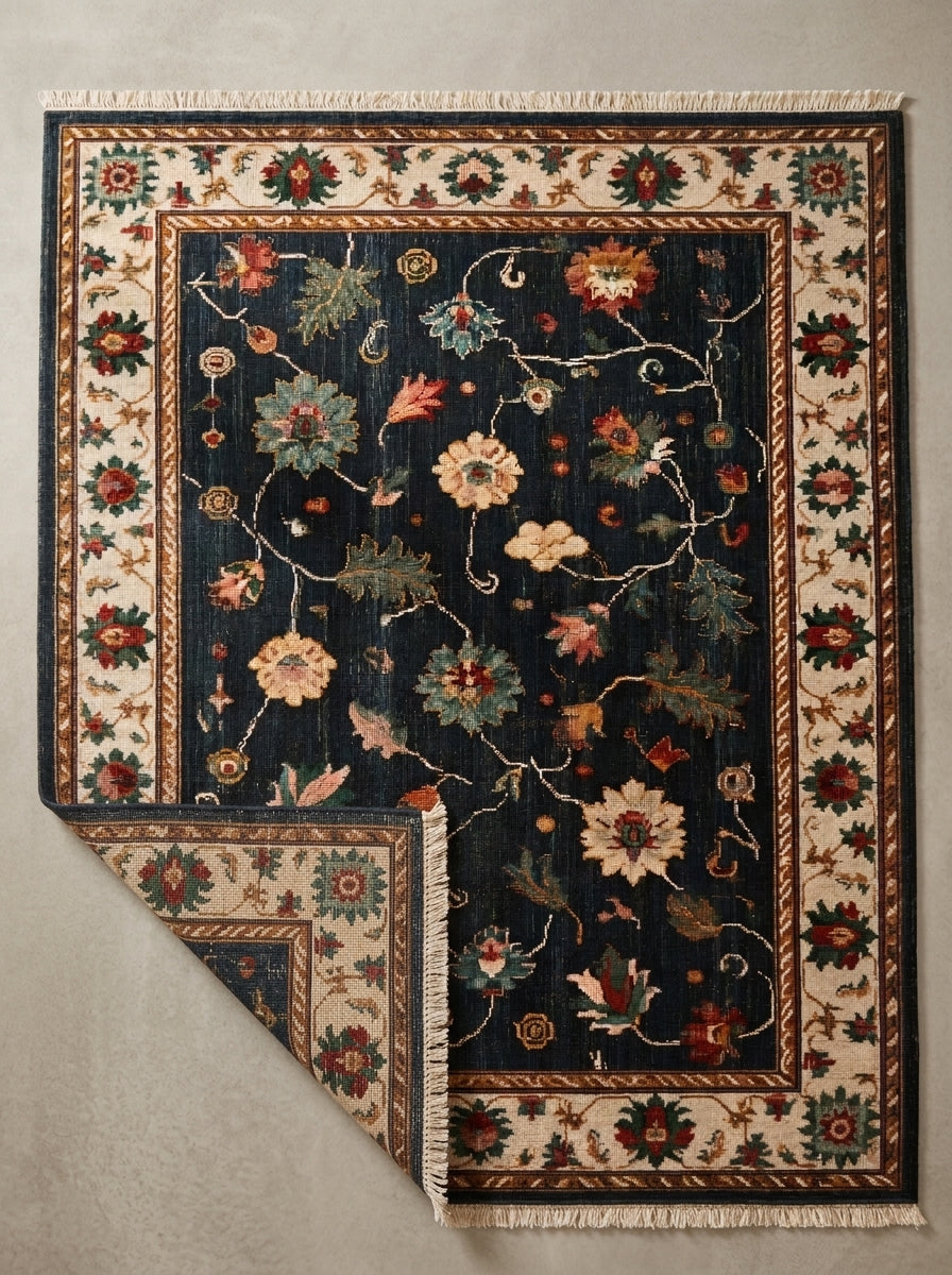 Oushak Hand Knotted Rug in midnight blue wool, with scattered floral vines, an ivory palmette border and fringed ends.