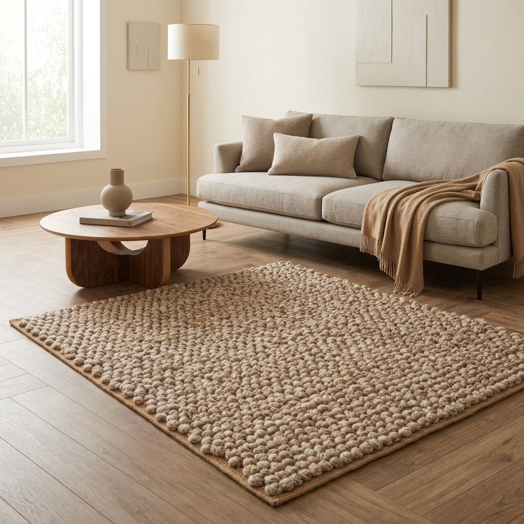 Chunky Wool Rug, Handwoven Pebble Texture Area Rug, Camel Beige Heathered Carpet, Modern Organic Minimalist Decor, Thick Cozy Living Room Floor Rug