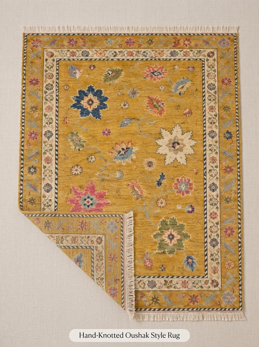Mustard Yellow Floral Hand Knotted Wool Rug, Oushak Style Ivory Border