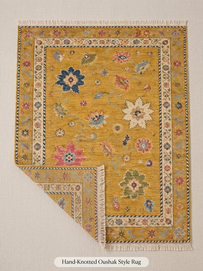 Mustard Yellow Floral Hand Knotted Wool Rug, Oushak Style Ivory Border