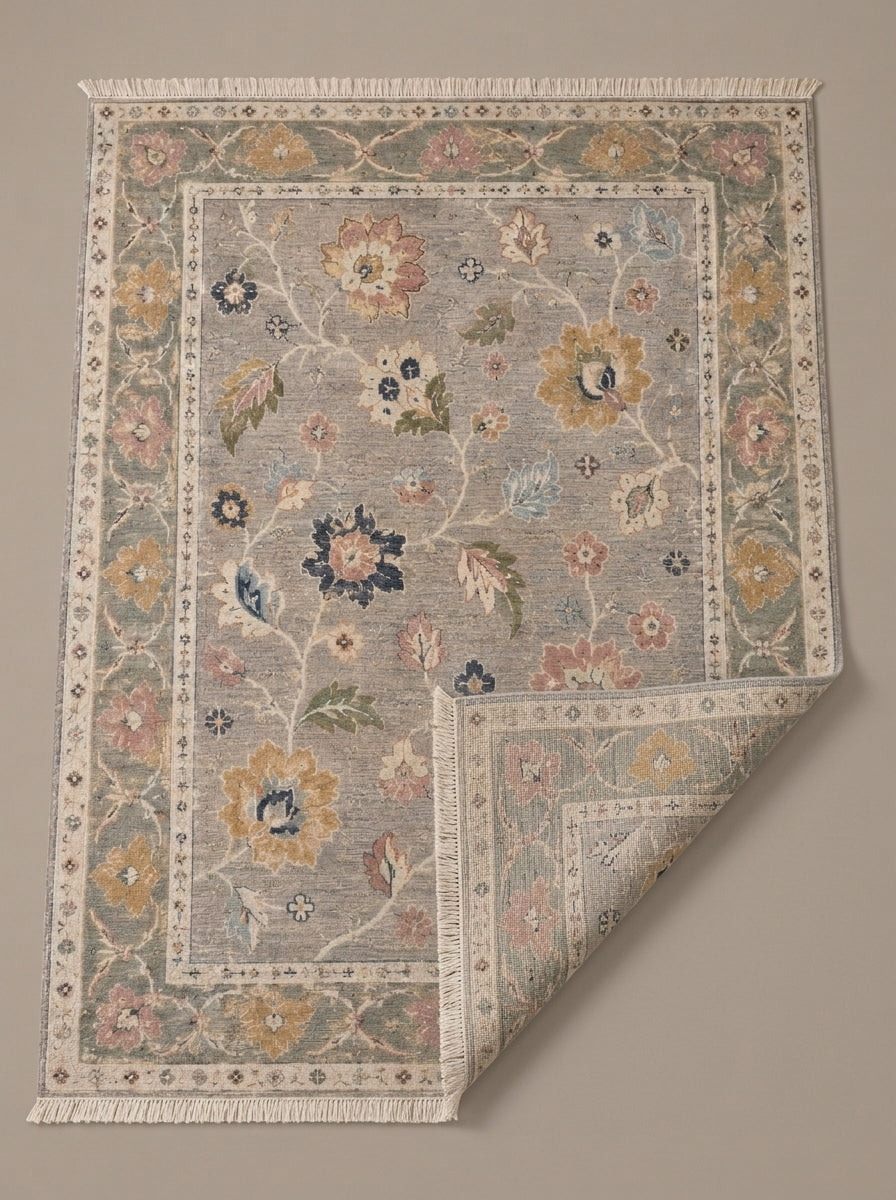 Dove Gray Floral Hand Knotted Wool Rug, Oushak Style Sage Green Border