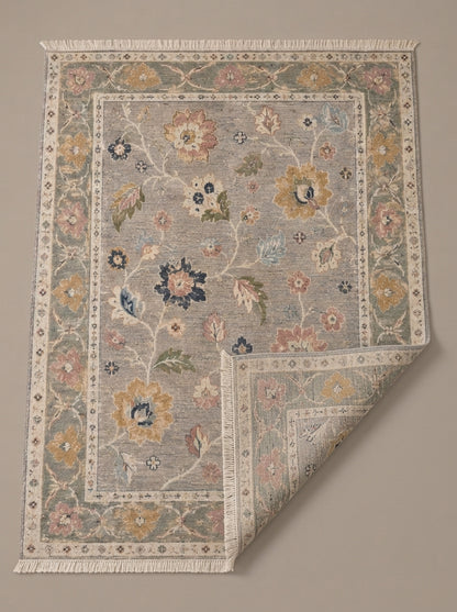 Dove Gray Floral Hand Knotted Wool Rug, Oushak Style Sage Green Border