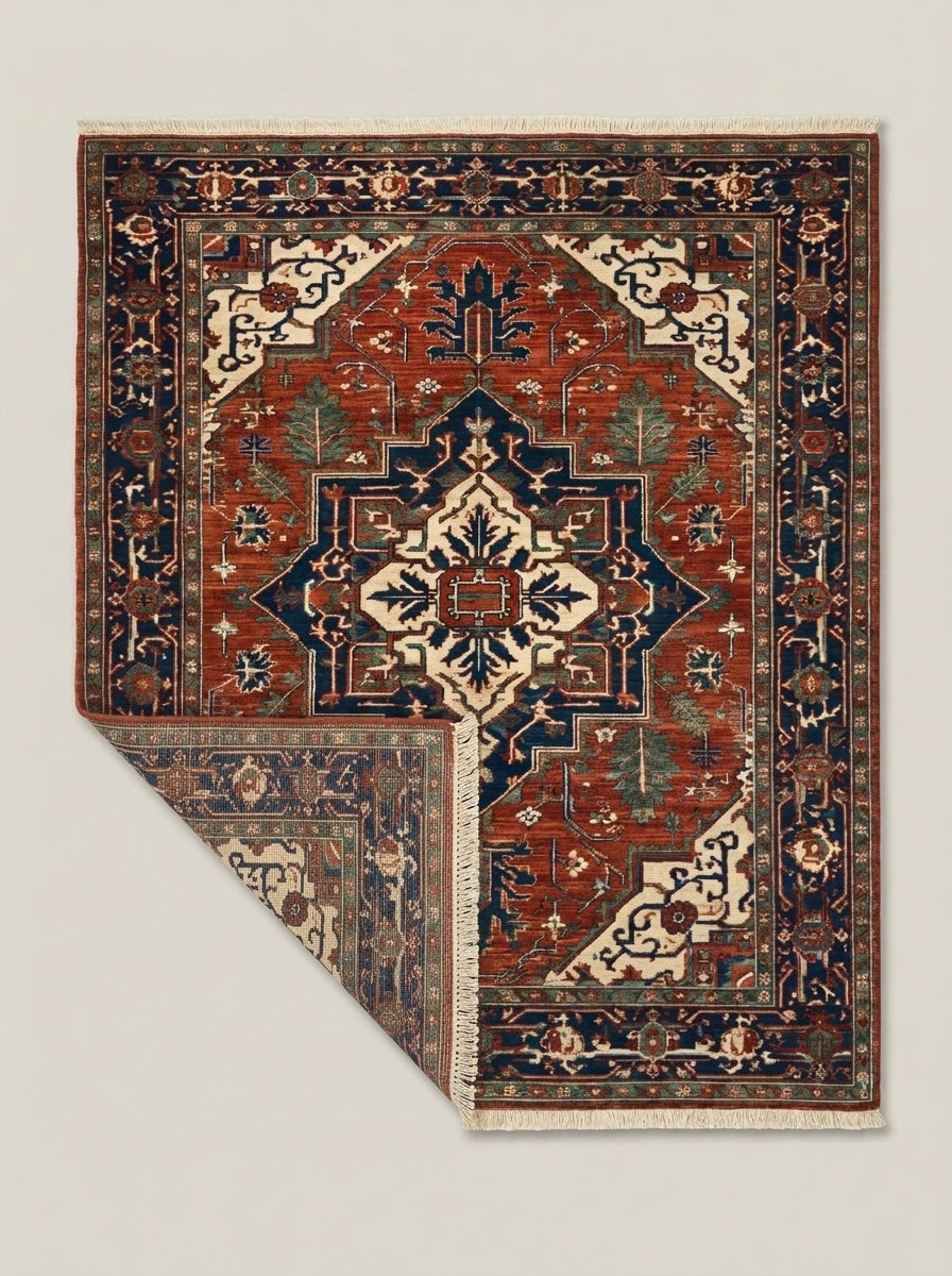 Heriz Hand Knotted Wool Rug in rust red and navy, with an angular floral medallion, ivory accents and border pattern.