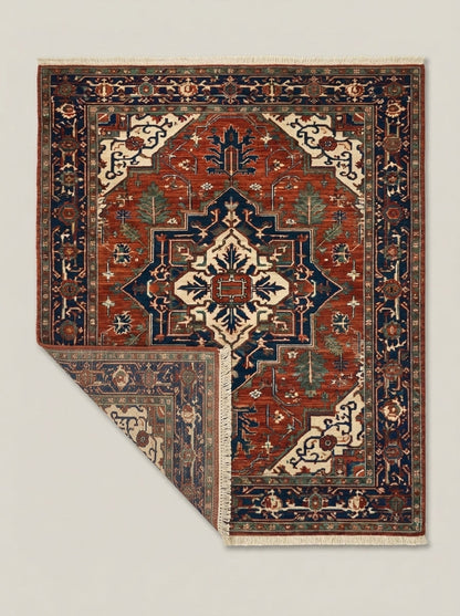 Heriz Hand Knotted Wool Rug in rust red and navy, with an angular floral medallion, ivory accents and border pattern.