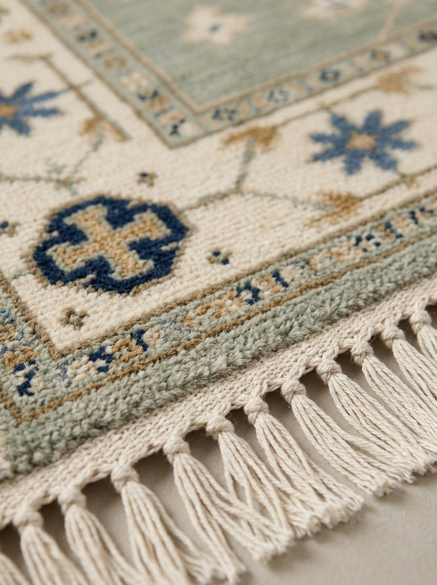 Hand Knotted Oushak Runner Rug in wool, with a seafoam and ivory floral pattern, navy accents, and fringe fringe.