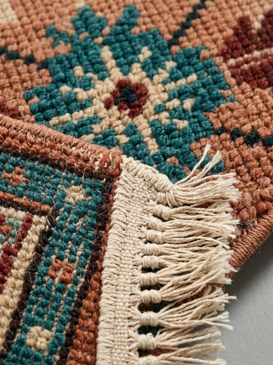 Terracotta Teal Trellis Hand Knotted Wool Area Rug in textured wool, with teal and ivory motifs, rust accents, bound edge and ivory fringe.