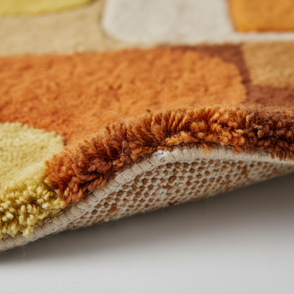 Handmade tufted rug with retro geometric design in warm sunset tones, mid century vintage wool area rug