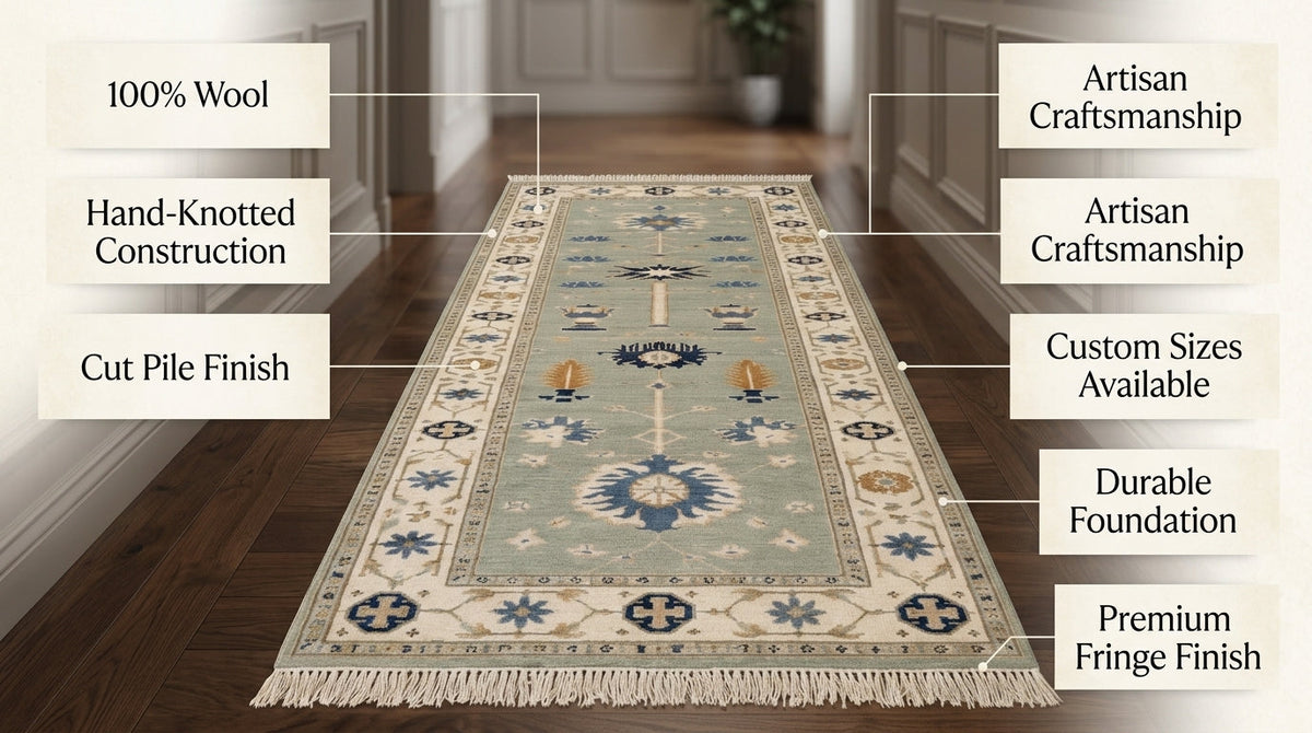 Hand Knotted Oushak Runner Rug in muted seafoam green wool, with ivory floral border, blue and amber motifs, and fringed edges