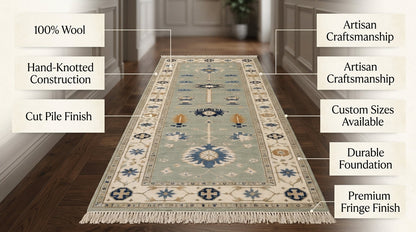 Hand Knotted Oushak Runner Rug in muted seafoam green wool, with ivory floral border, blue and amber motifs, and fringed edges