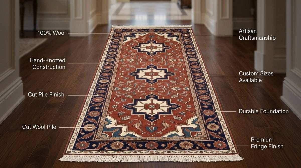 Hand Knotted Oushak Runner Rug in rust red wool with ivory and navy medallions, floral motifs, dark border and fringe.