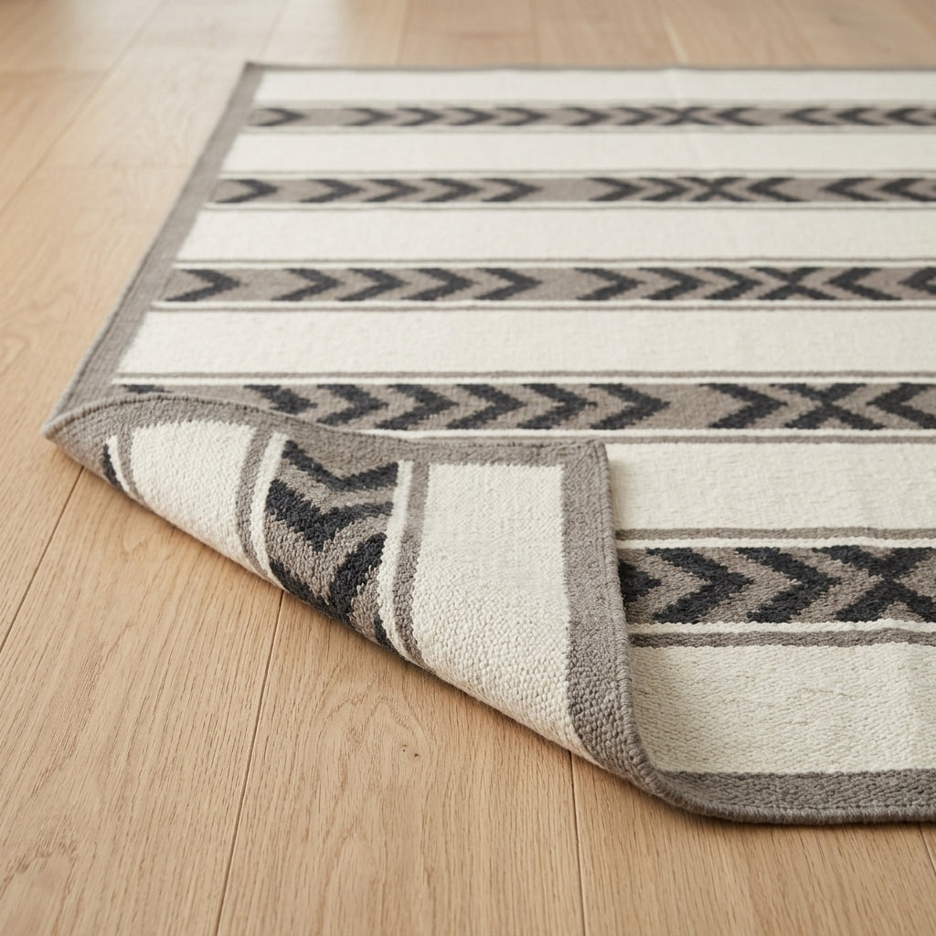 Southwestern Flatweave Wool Rug in ivory with taupe borders and charcoal chevron stripes, shown with a folded corner revealing its woven texture.