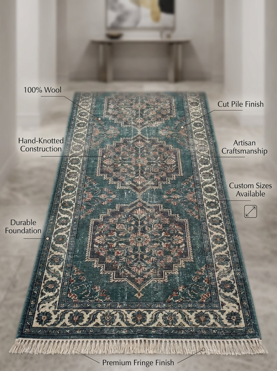 Hand Knotted Oushak Runner Rug in distressed teal wool, with floral medallions, ivory patterned borders and fringe.