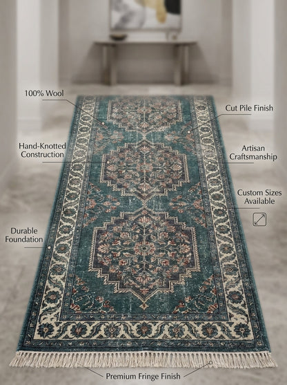 Hand Knotted Oushak Runner Rug in distressed teal wool, with floral medallions, ivory patterned borders and fringe.