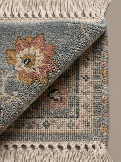 Dove Gray Floral Hand Knotted Wool Rug, Oushak Style Sage Green Border