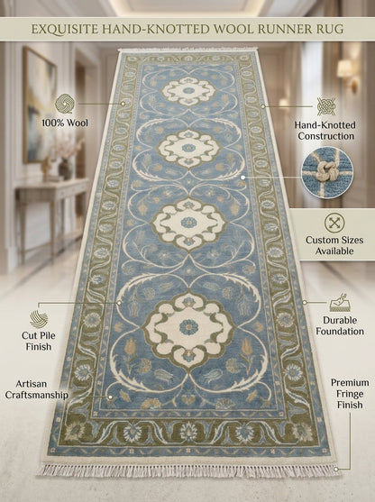 Wool Hand Knotted Oushak Runner Rug in blue, ivory and olive, with floral medallions, vine border and fringe

