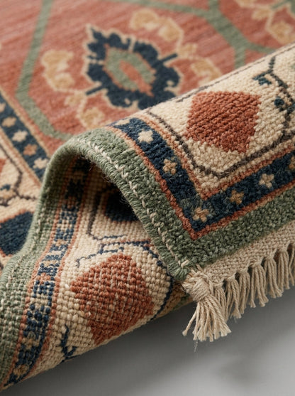 Oushak Hand Knotted Rug in coral pink wool, with sage lattice, navy and rust motifs, ivory border, and fringe.