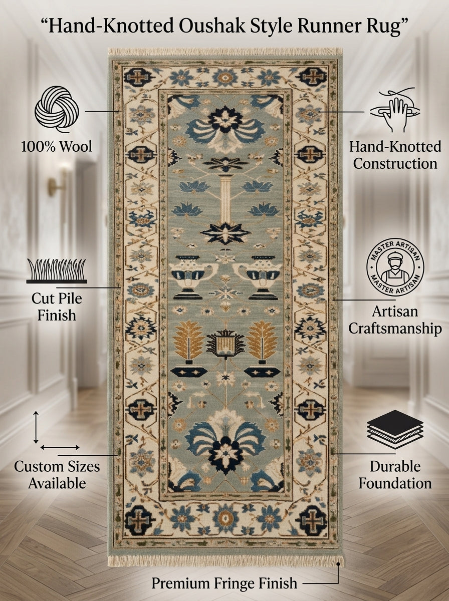 Hand Knotted Oushak Runner Rug in muted blue and ivory wool, with floral urn motifs, ornate border and fringed ends.