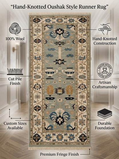 Hand Knotted Oushak Runner Rug in muted blue and ivory wool, with floral urn motifs, ornate border and fringed ends.