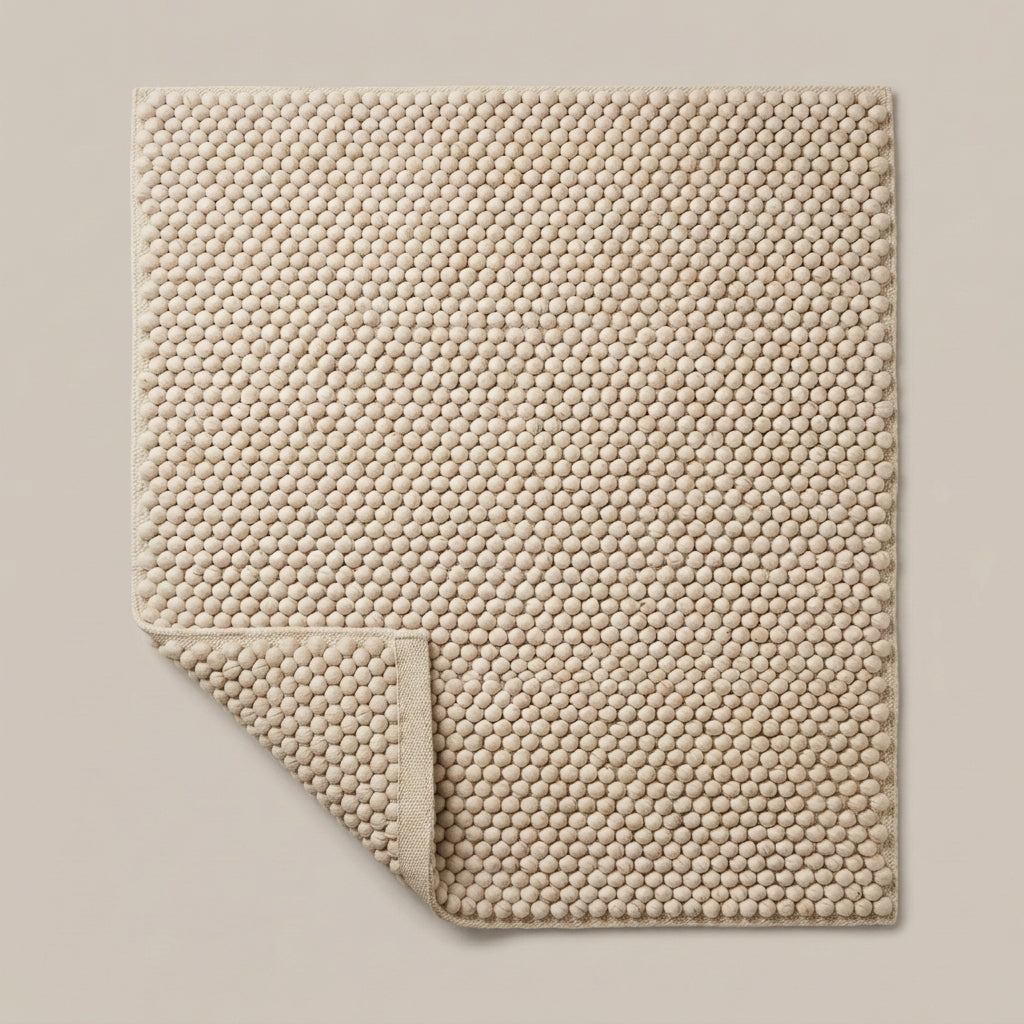 Chunky Wool Rug in oatmeal beige, with a thick handwoven surface of evenly spaced rounded pebble-like knots and finished edges.