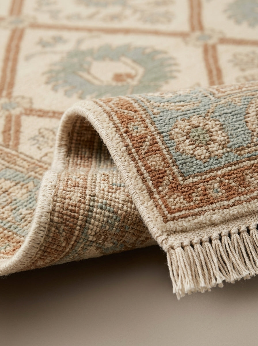 Ivory Garden Lattice Hand Knotted Wool Rug, Floral Powder Blue Border