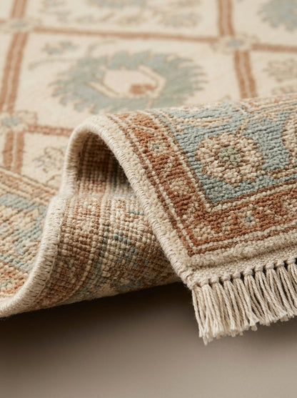 Ivory Garden Lattice Hand Knotted Wool Rug, Floral Powder Blue Border