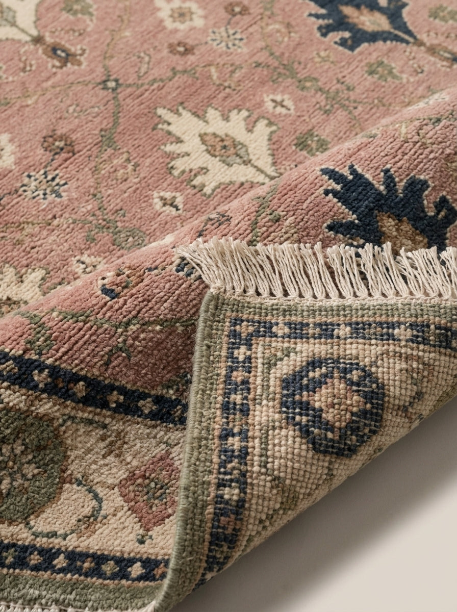 Blush Pink Palmette Hand Knotted Wool Rug, Floral Ogee Lattice Ivory Border
