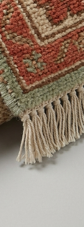 Sage Green Double Medallion Hand Knotted Wool Rug, Kazak Style Coral Ivory Border