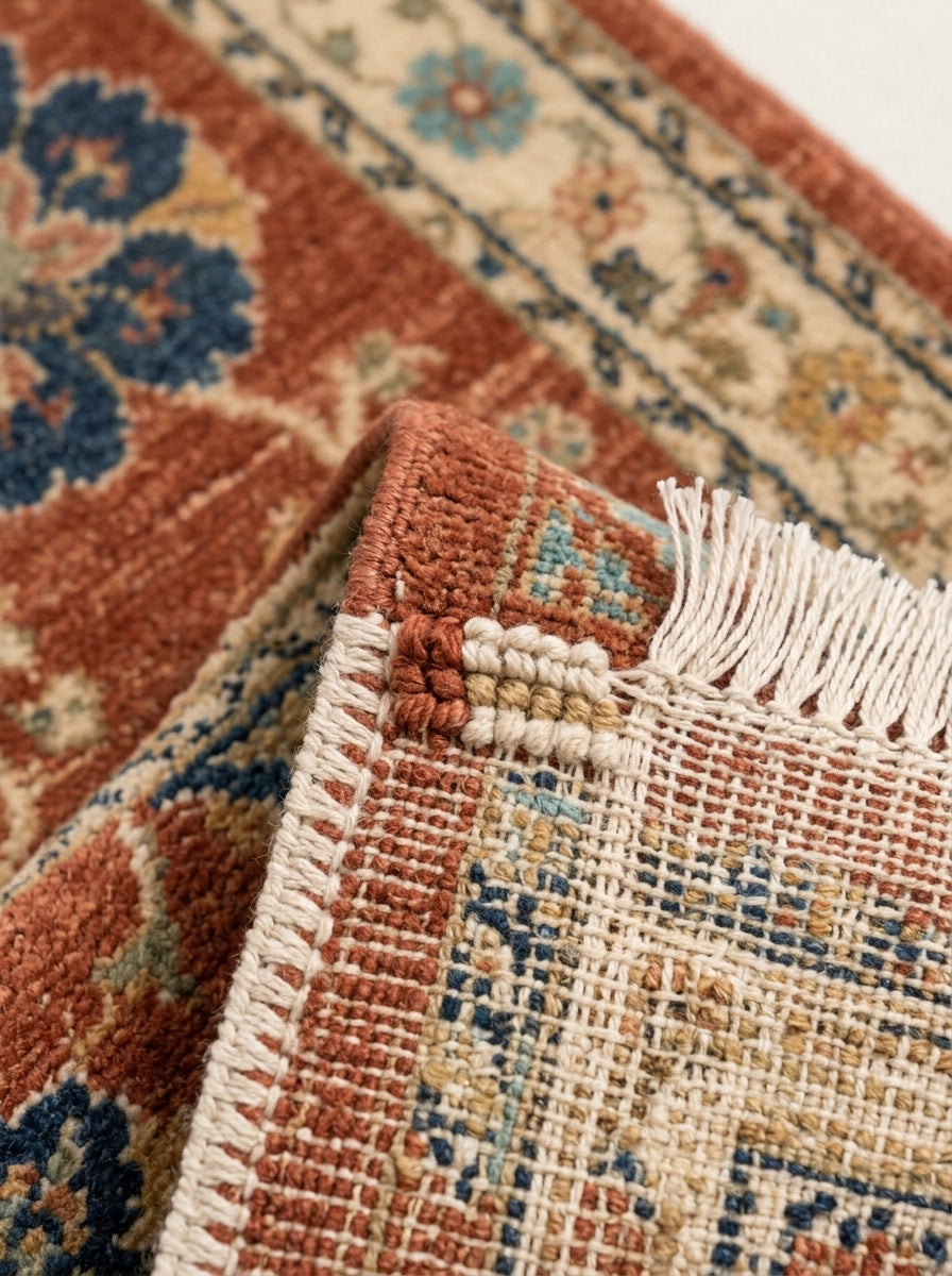 Terracotta Floral Bird Hand Knotted Wool Rug, Oushak Style Ivory Border