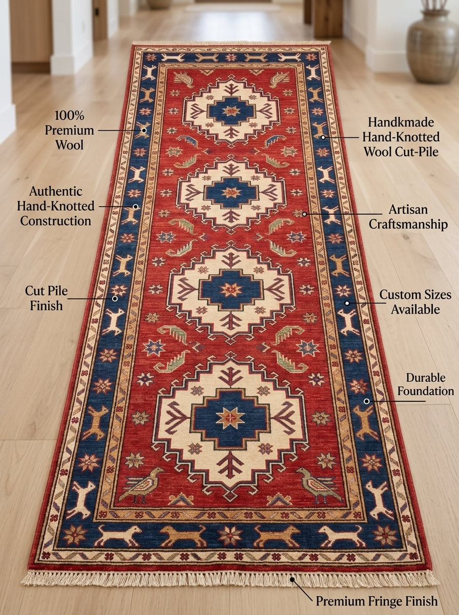 Hand Knotted Oushak Runner Rug in red wool, with ivory stepped medallions, navy star centers, animal motifs and fringe.