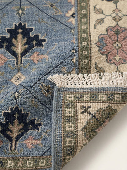 Cornflower Blue Geometric Hand Knotted Wool Rug, Tree Motif Ivory Sage Border