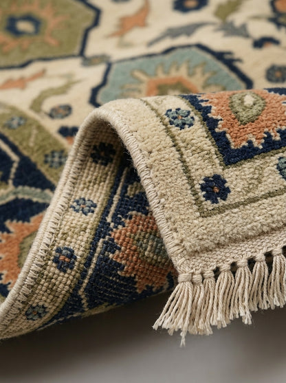 Ivory Navy Hexagon Medallion Hand Knotted Wool Rug, Aqua Orange Olive Geometric