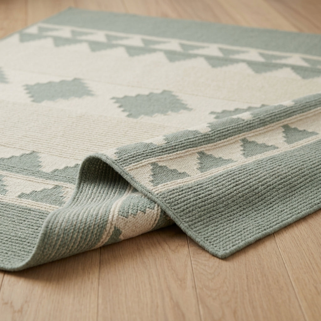 Southwestern Flatweave Wool Rug in sage green and cream, with ribbed texture and geometric triangle and diamond bands.