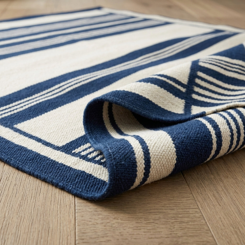 Southwestern Flatweave Wool Rug in navy and ivory, with bold stripes, fine pinstripes, and a woven flat edge.