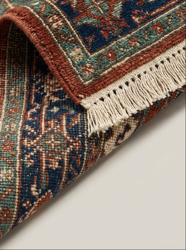 Heriz Hand Knotted Wool Rug in rust red, navy, teal and ivory, with geometric medallion pattern and fringe.