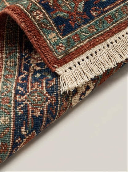 Heriz Hand Knotted Wool Rug in rust red, navy, teal and ivory, with geometric medallion pattern and fringe.