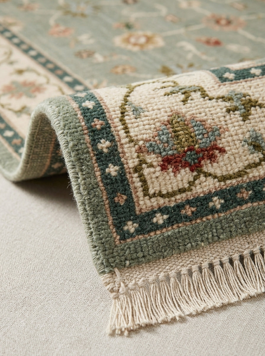 Oushak Hand Knotted Rug in muted sage green wool, with floral motifs, deep teal border and ivory fringe.