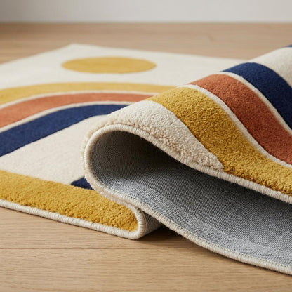 Handmade Retro Rug in ivory wool, with a plush tufted pile, mustard, rust and navy arch bands, and a sun motif.