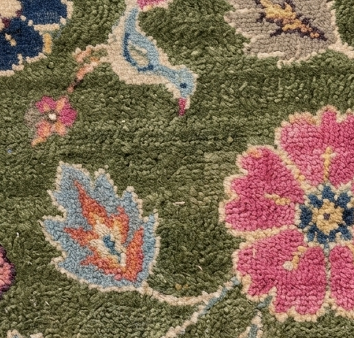 Olive Green Floral Bird Hand Knotted Wool Rug, Folk Garden Pink Navy Border