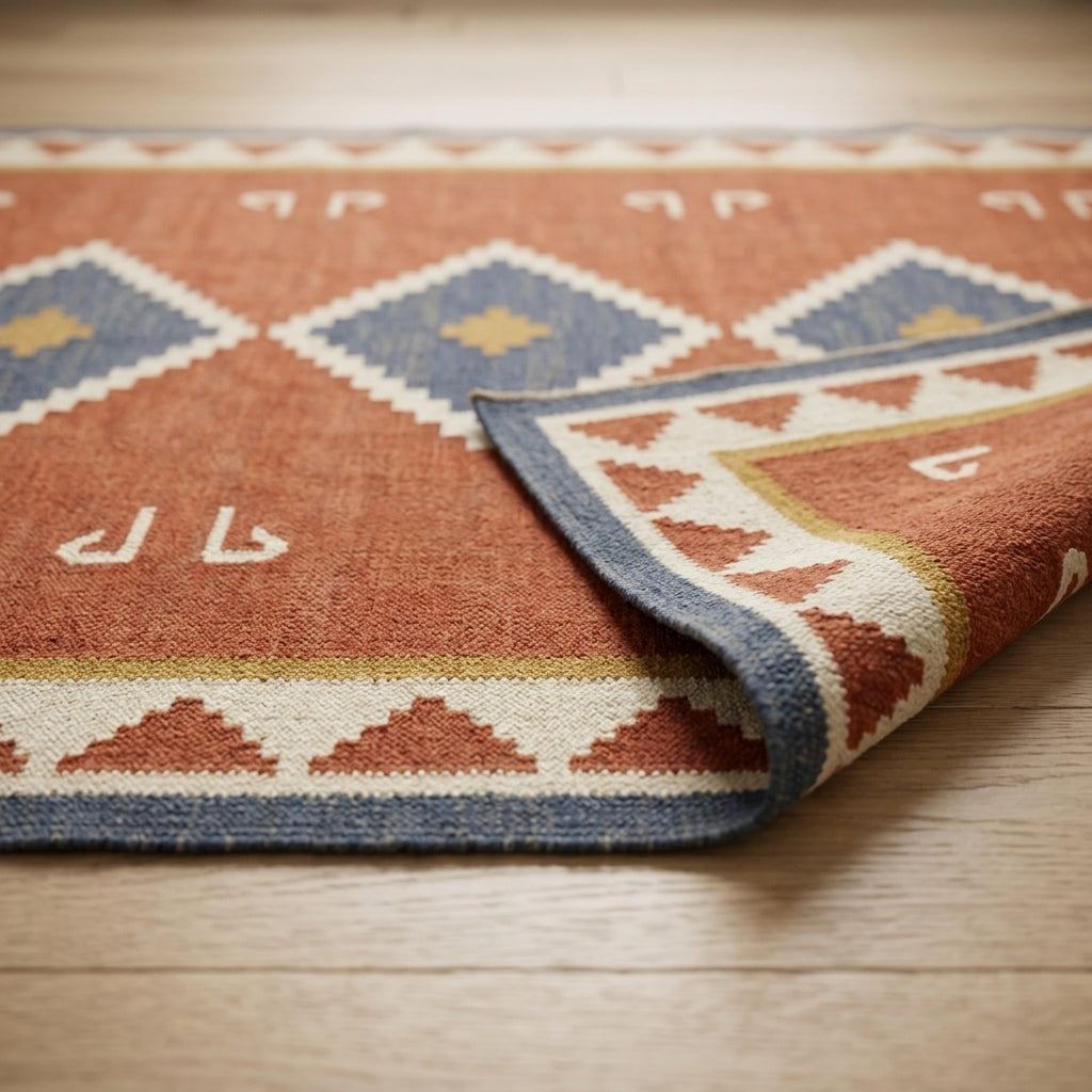 Southwestern Flatweave Wool Rug in rust red with navy, ivory and mustard stepped diamonds, tribal symbols and triangle border