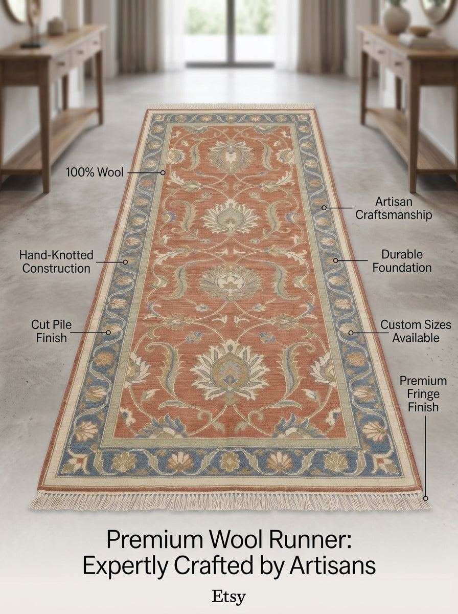 Hand Knotted Oushak Runner Rug in terracotta wool, with ivory floral vines, blue borders and fringed edges.