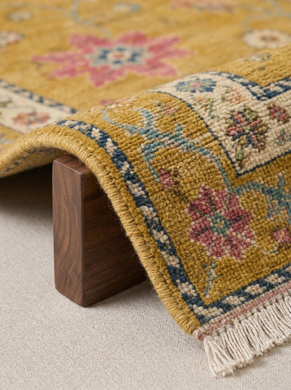 Mustard Yellow Floral Hand Knotted Wool Rug, Oushak Style Ivory Border